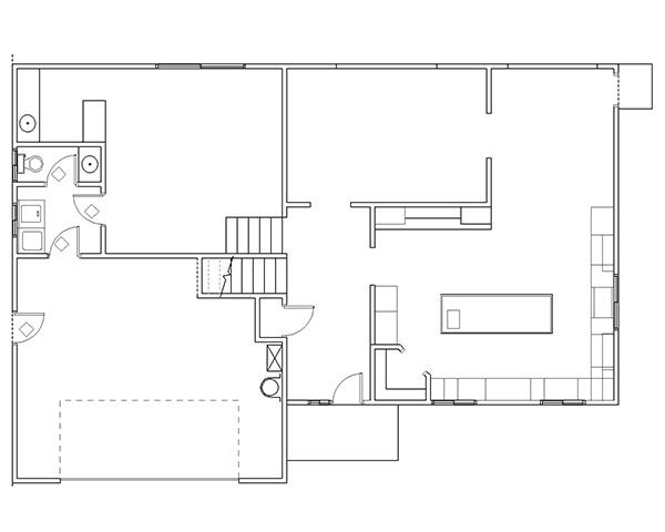 The image displays a black and white floor plan of a residential home layout with labeled rooms, furniture outlines, and architectural details such as stairs, doors, and windows.