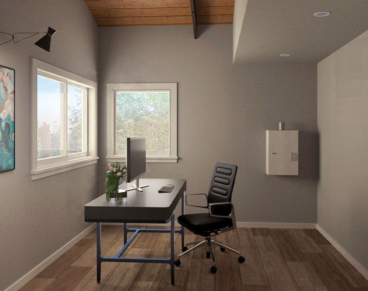 The image shows an interior space designed as a modern home office with a desk, chair, computer monitor, and a large window providing natural light.