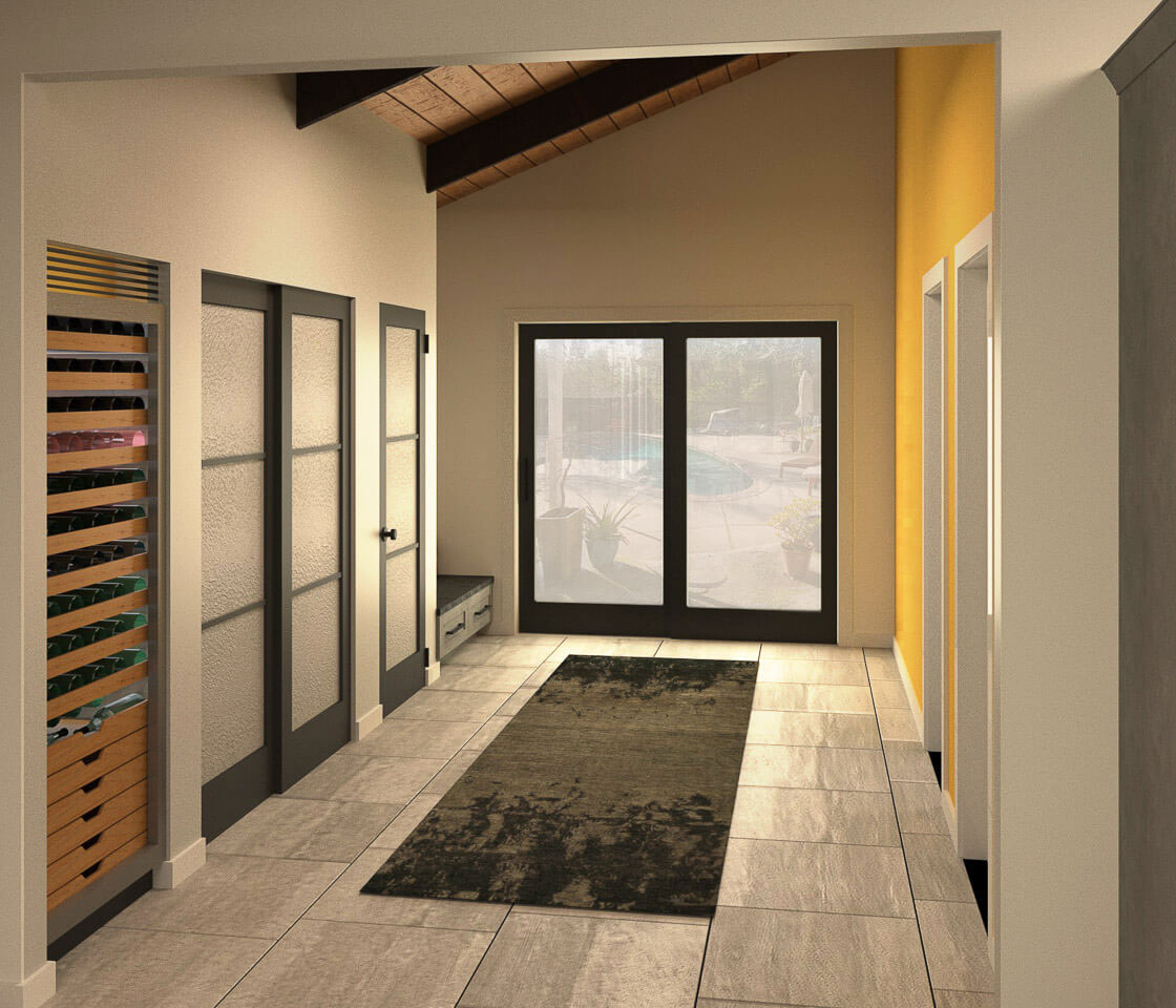 The image shows an interior view of a well-lit room with a modern design, featuring a large glass sliding door, a tiled floor, and multiple built-in storage units.