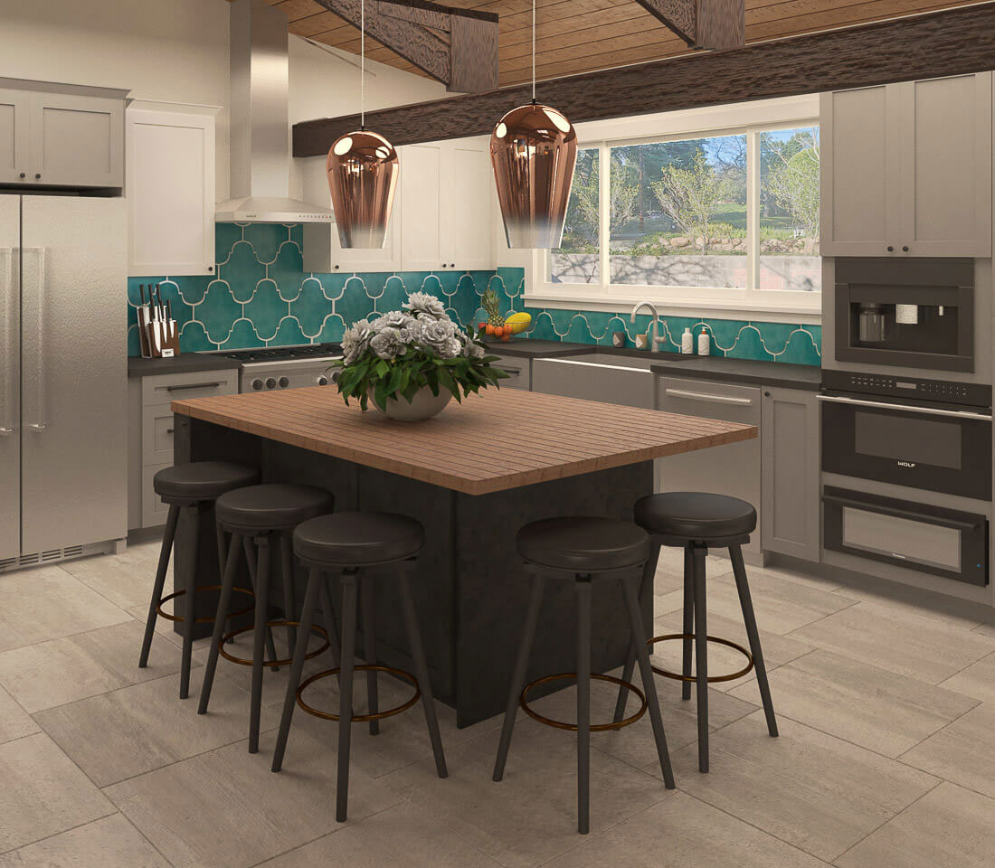 The image depicts a modern kitchen interior with a center island, stools, light fixtures, and a colorful backsplash.