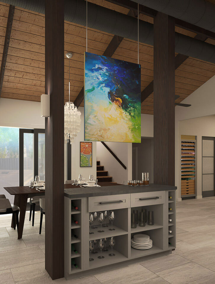 The image depicts a modern kitchen with a high ceiling and exposed beams, featuring a large island with a countertop, pendant lighting above, and a contemporary design aesthetic.