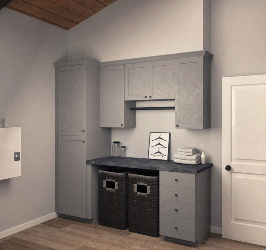 The image shows a modern kitchen with light-colored cabinets, a sink, and a countertop featuring a trash can and a towel rack.
