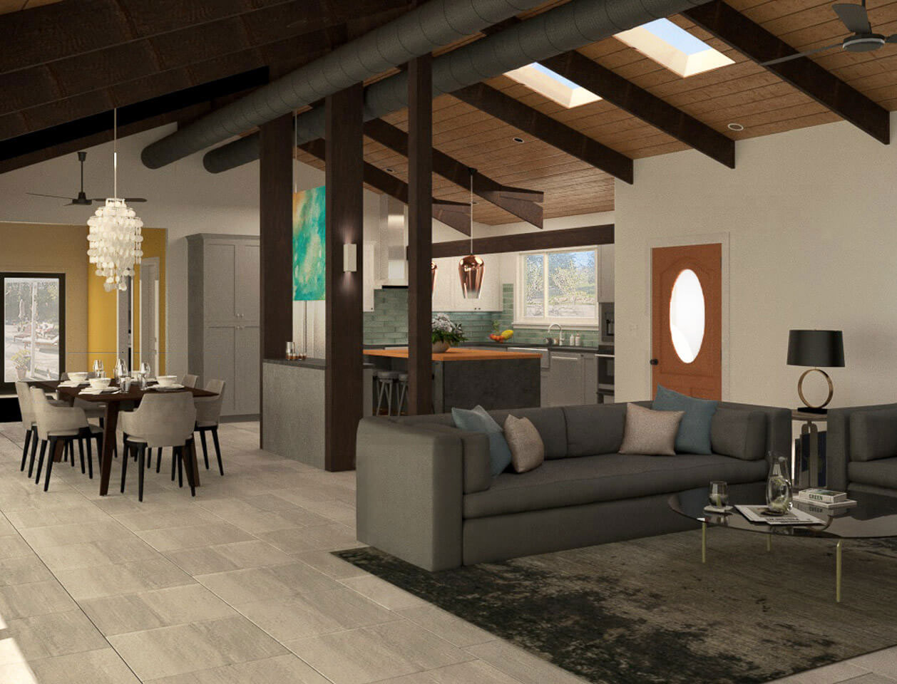 The image depicts an interior view of a modern living room with high ceilings, exposed beams, and large windows allowing natural light to fill the space.