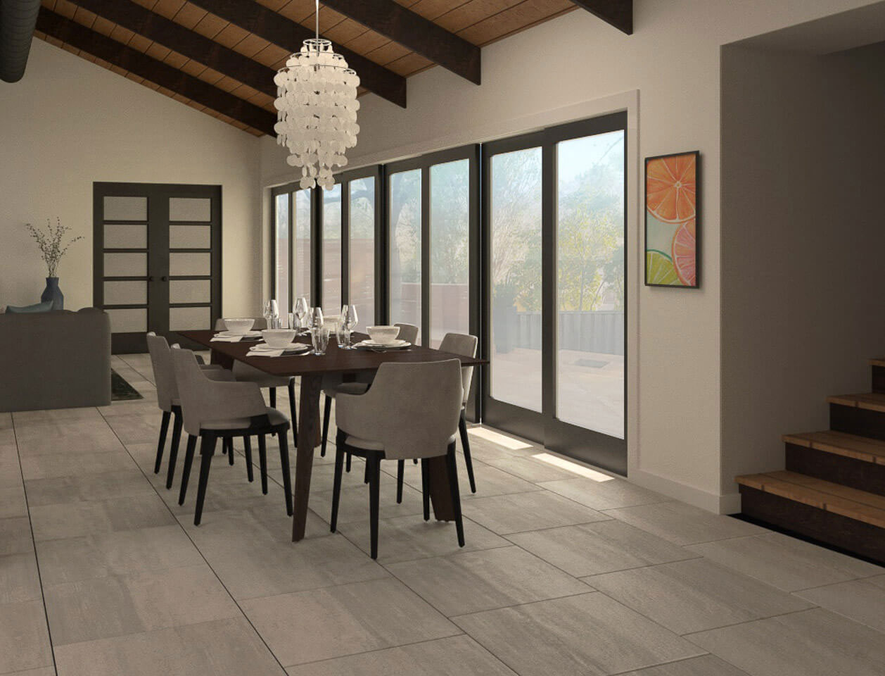 The image depicts a modern interior space with a dining area featuring a table set for six, chairs, and large sliding glass doors leading to an outdoor patio.