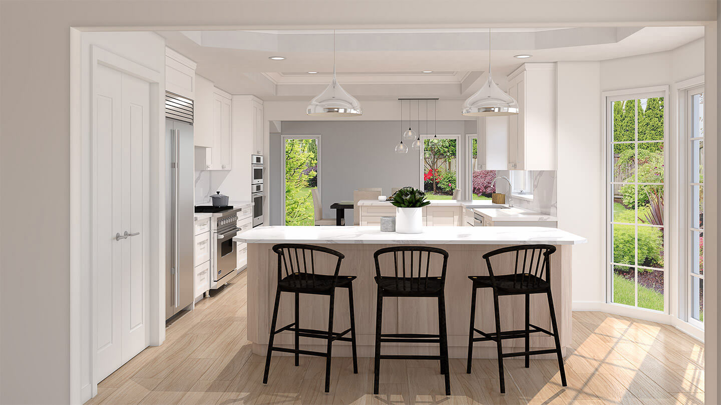 The image displays a modern kitchen interior with white cabinets, a center island with a stool, a dining table set for four, and a brightly lit space with natural light coming through windows.