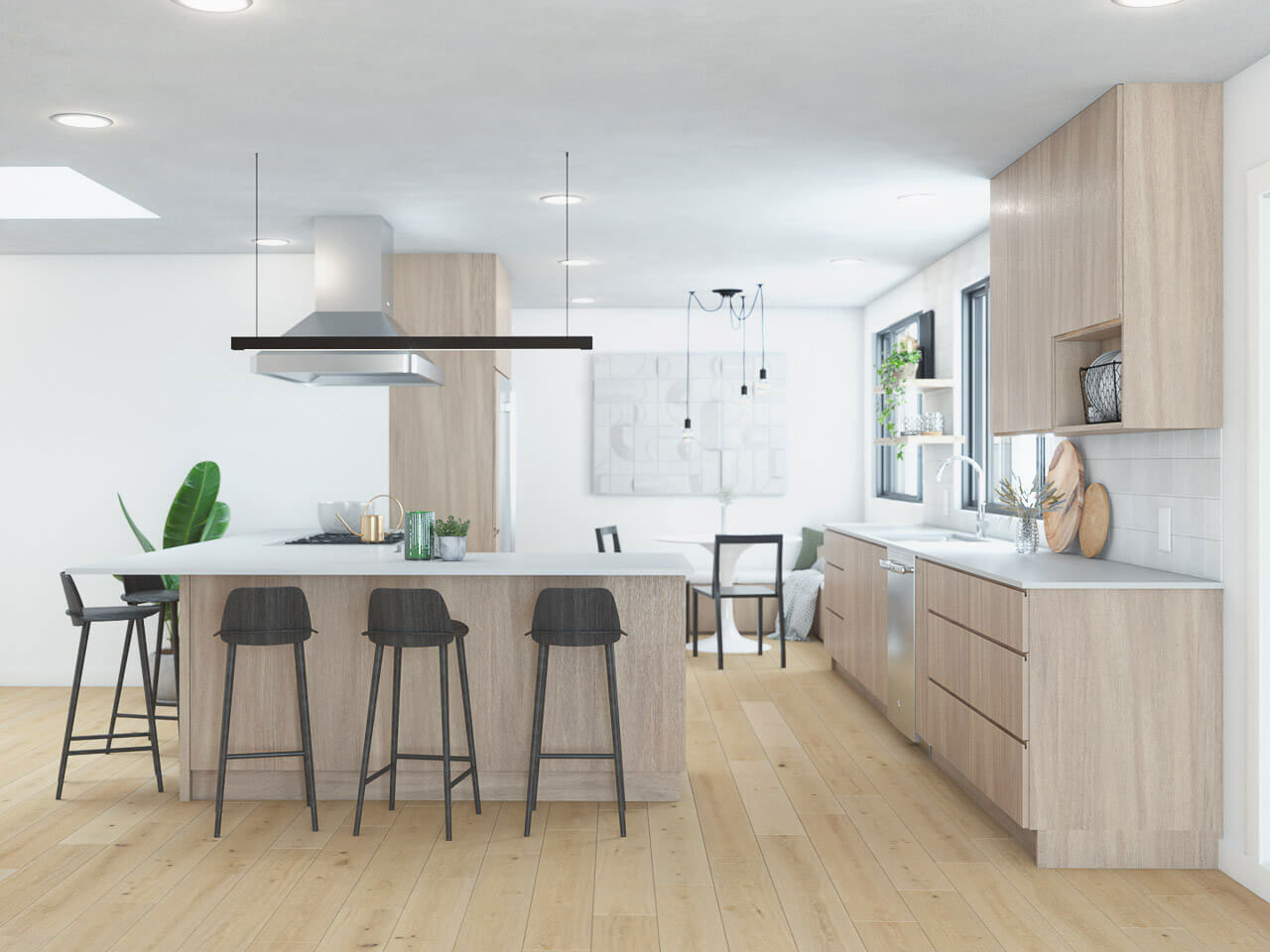 The image shows a modern kitchen interior with light-toned cabinetry, a center island with bar stools, a stainless steel range hood, and various appliances including a refrigerator, oven, and microwave, all presented in a clean and minimalist style.