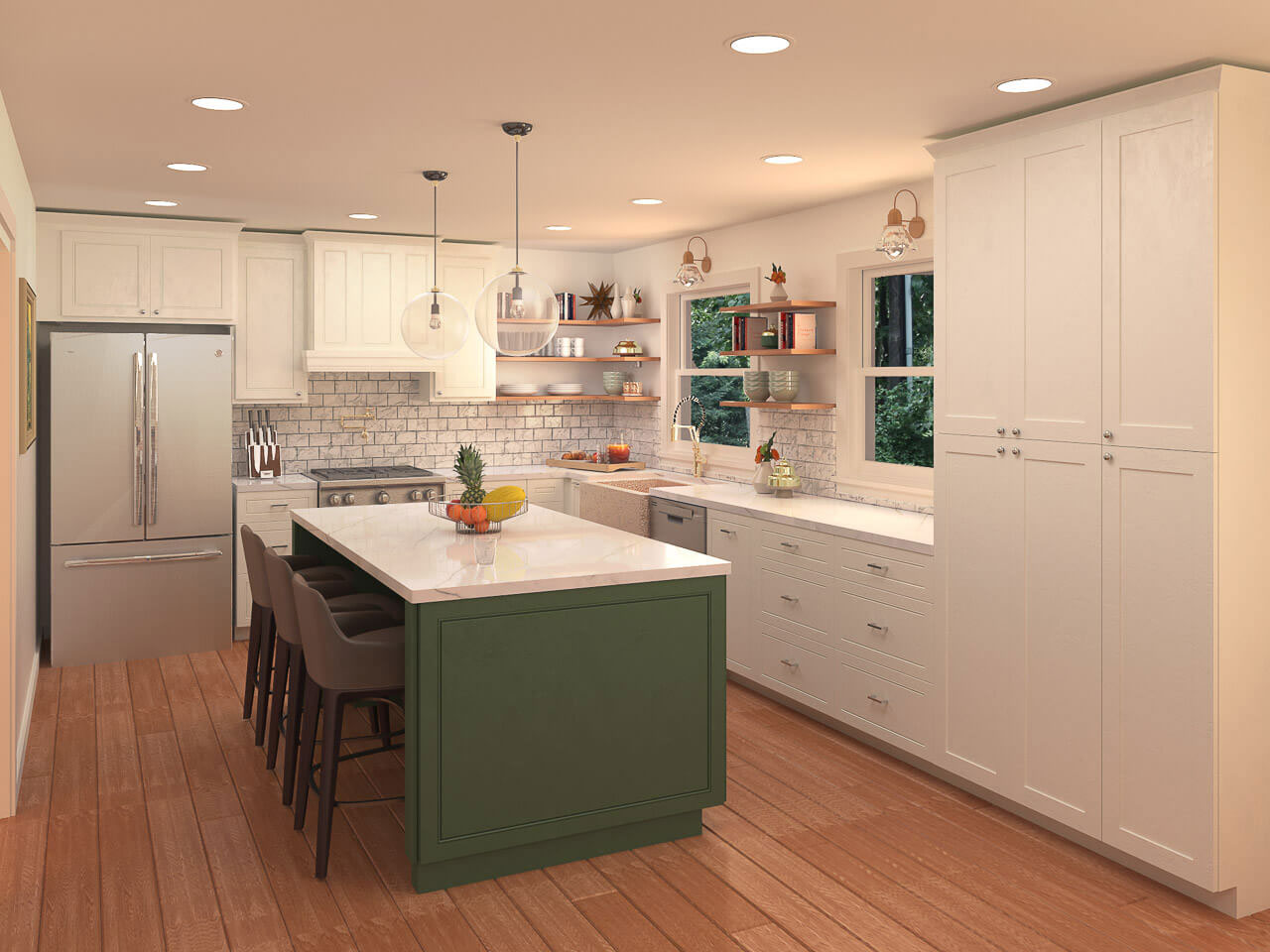 The image shows a modern kitchen with light wood cabinets, white countertops, stainless steel appliances, a center island with a sink, and a color scheme that includes shades of green and beige.