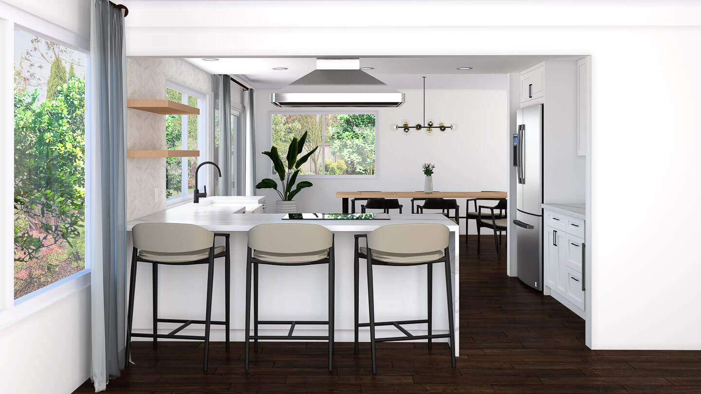 The image displays a modern kitchen interior with sleek design elements, including a large island with bar stools, a contemporary cabinetry system, stainless steel appliances, and a clean, minimalist aesthetic.