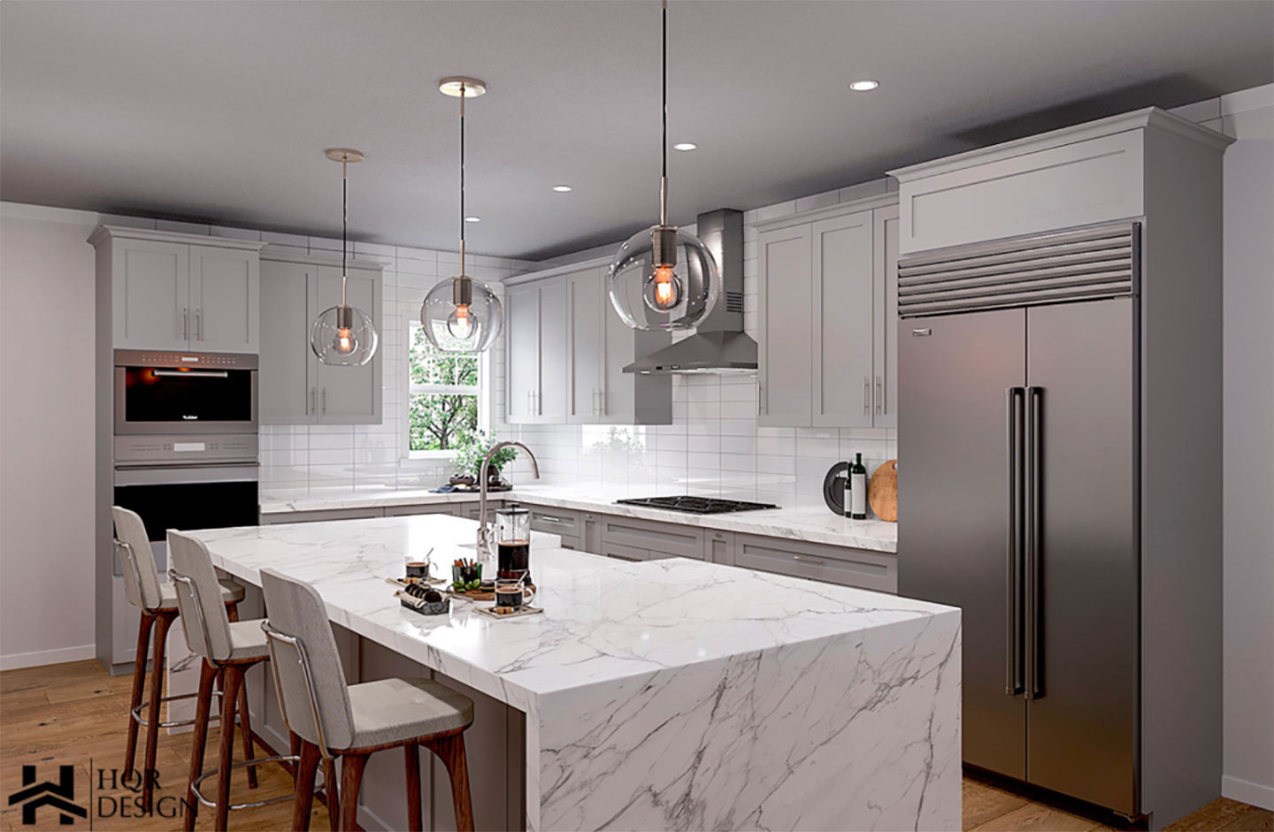 The image shows a modern kitchen interior with marble countertops, stainless steel appliances, a center island with seating, pendant lighting above the island, white cabinets, and a large refrigerator.