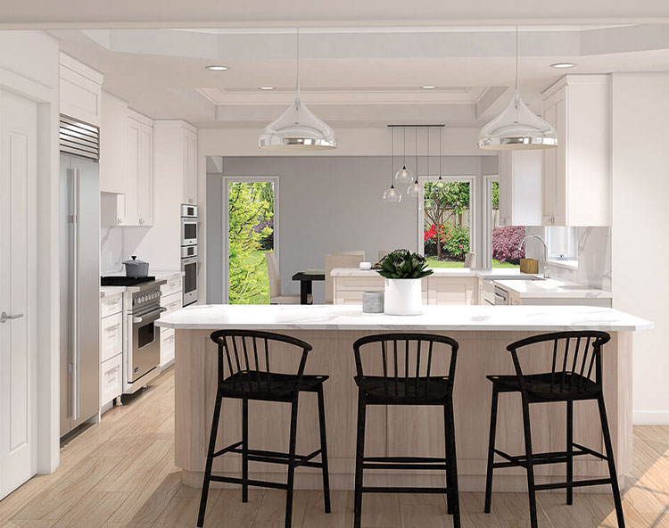 The image shows a modern kitchen interior with white cabinets, a center island with barstools, a stainless steel refrigerator, a sink, and a large window allowing natural light into the room.