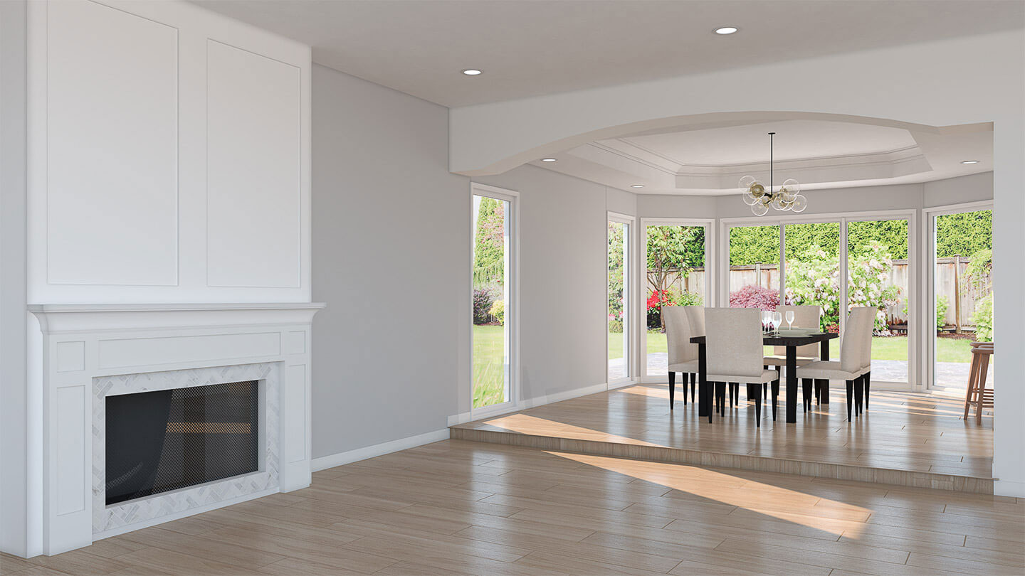 An empty living room with a fireplace, hardwood flooring, and modern furniture.