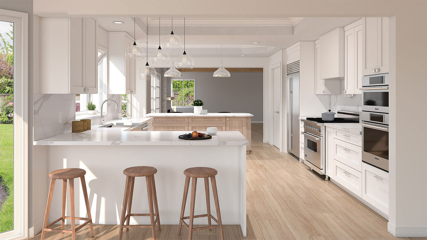Modern kitchen interior with white cabinets, island countertop, bar stools, and stainless steel appliances.