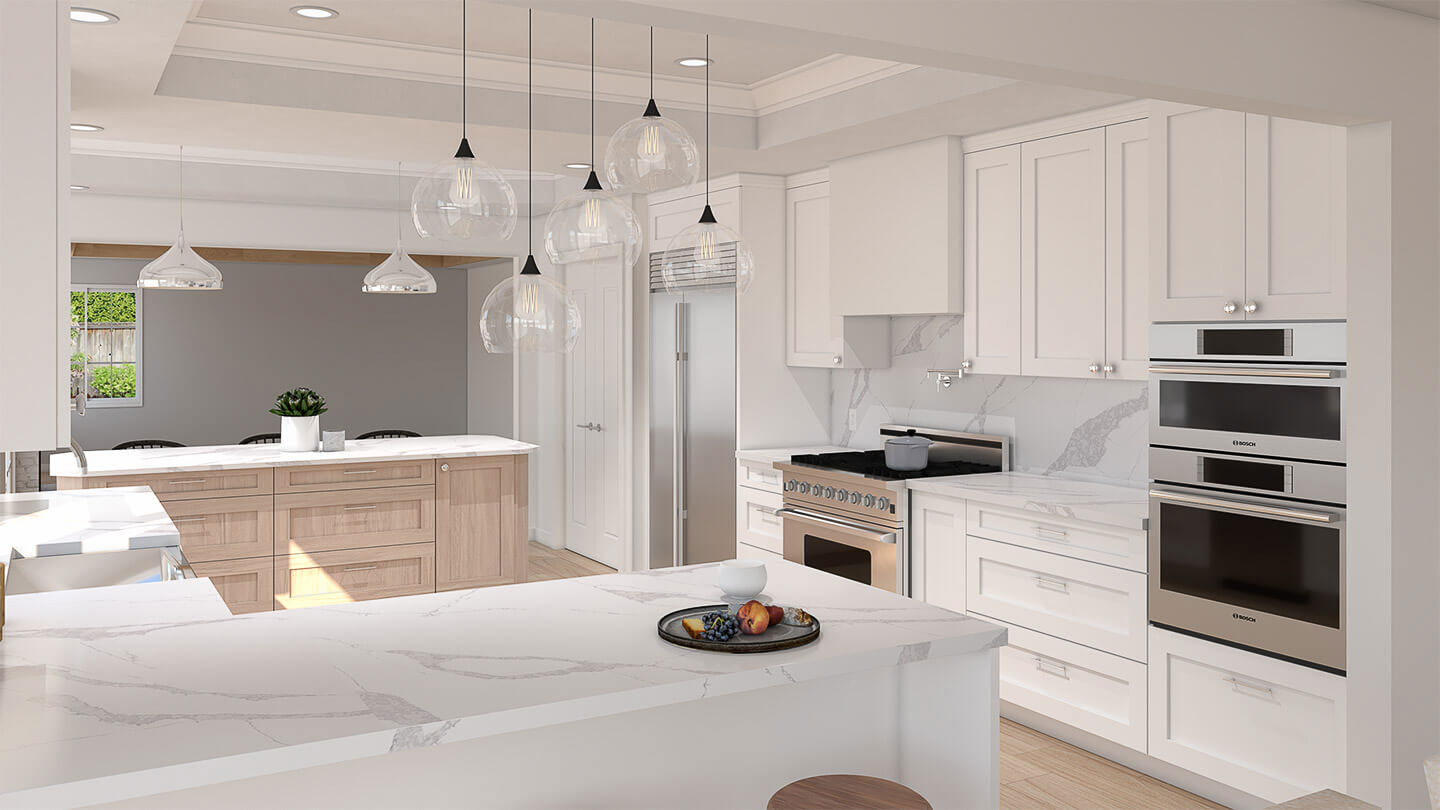 The image depicts a modern kitchen interior with white cabinets, stainless steel appliances, a marble countertop, and a large island with a sink.