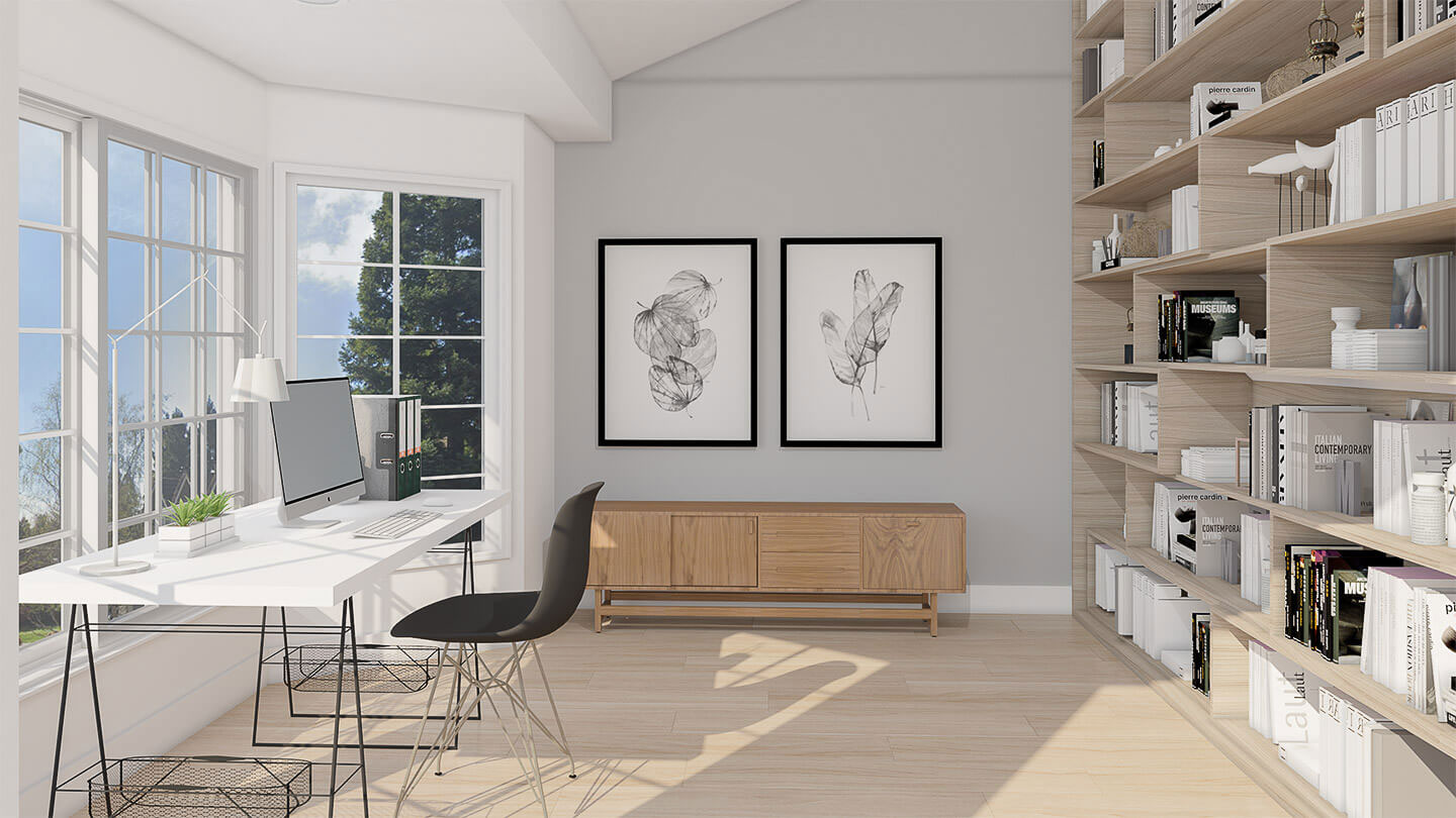 The image depicts a modern living room with a white color scheme, featuring a large window, a bookshelf filled with books, a desk with a laptop, a black chair, a beige sofa, and framed artwork on the wall.