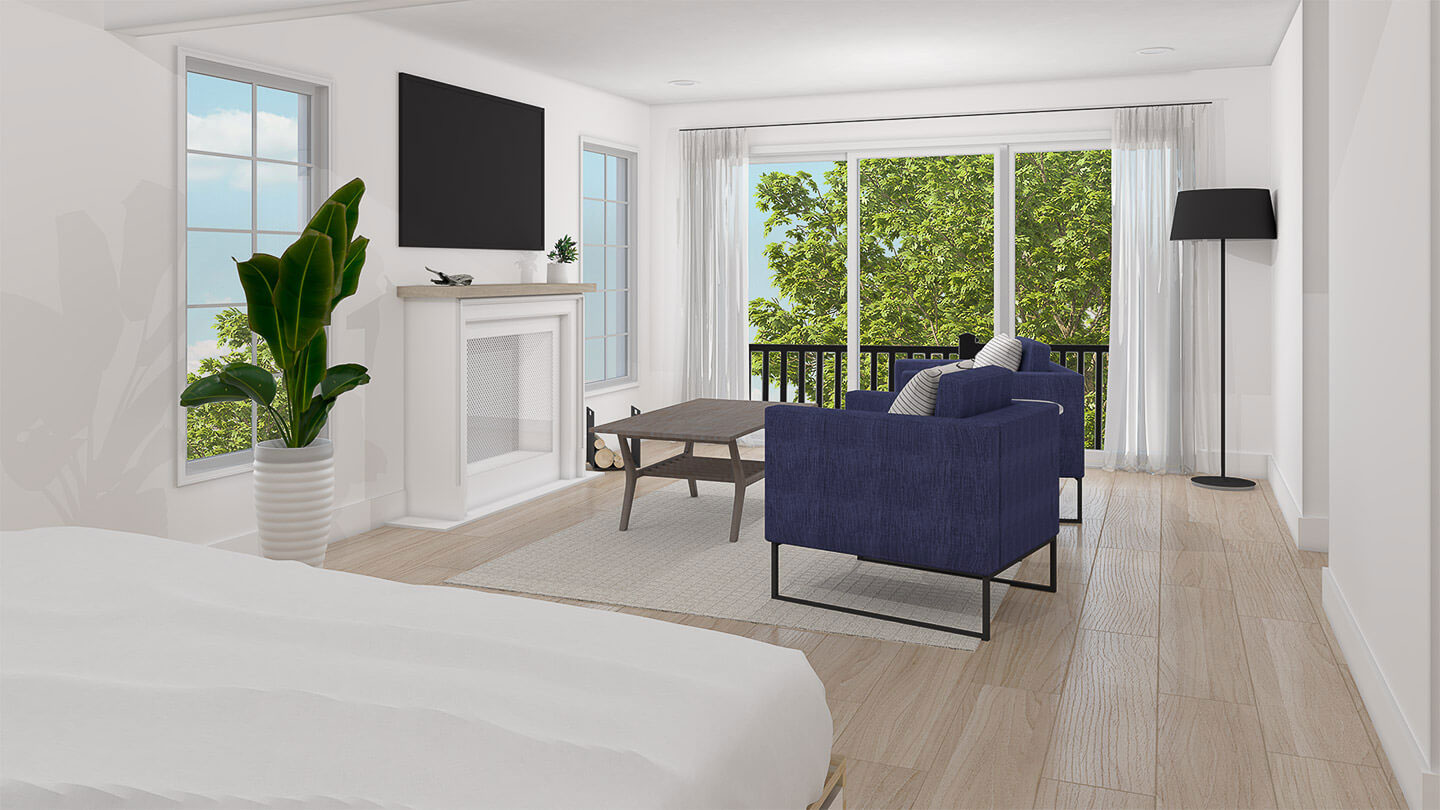 A modern living room with white walls, large windows, a blue sofa, a rug, a television, and an open door leading to another room.