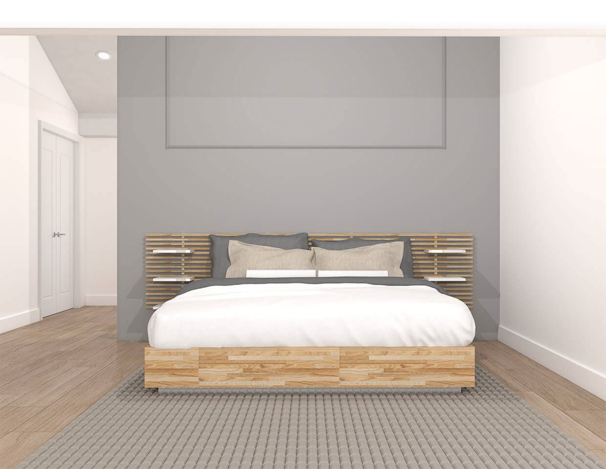 The image shows a modern bedroom interior with a wooden platform bed, two pillows, a grey wall, and a white floor mat.