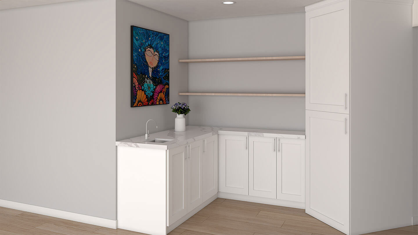 The image shows a modern kitchen interior with white cabinets, a sink, and a countertop, featuring an island and storage units, set against a grey wall with a painting hanging above the counter.