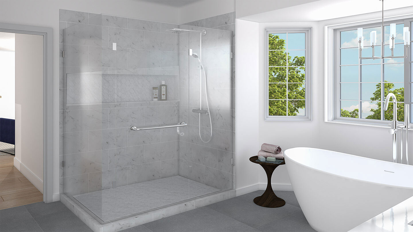 The image shows a modern bathroom with a walk-in shower, a bathtub, and a toilet.