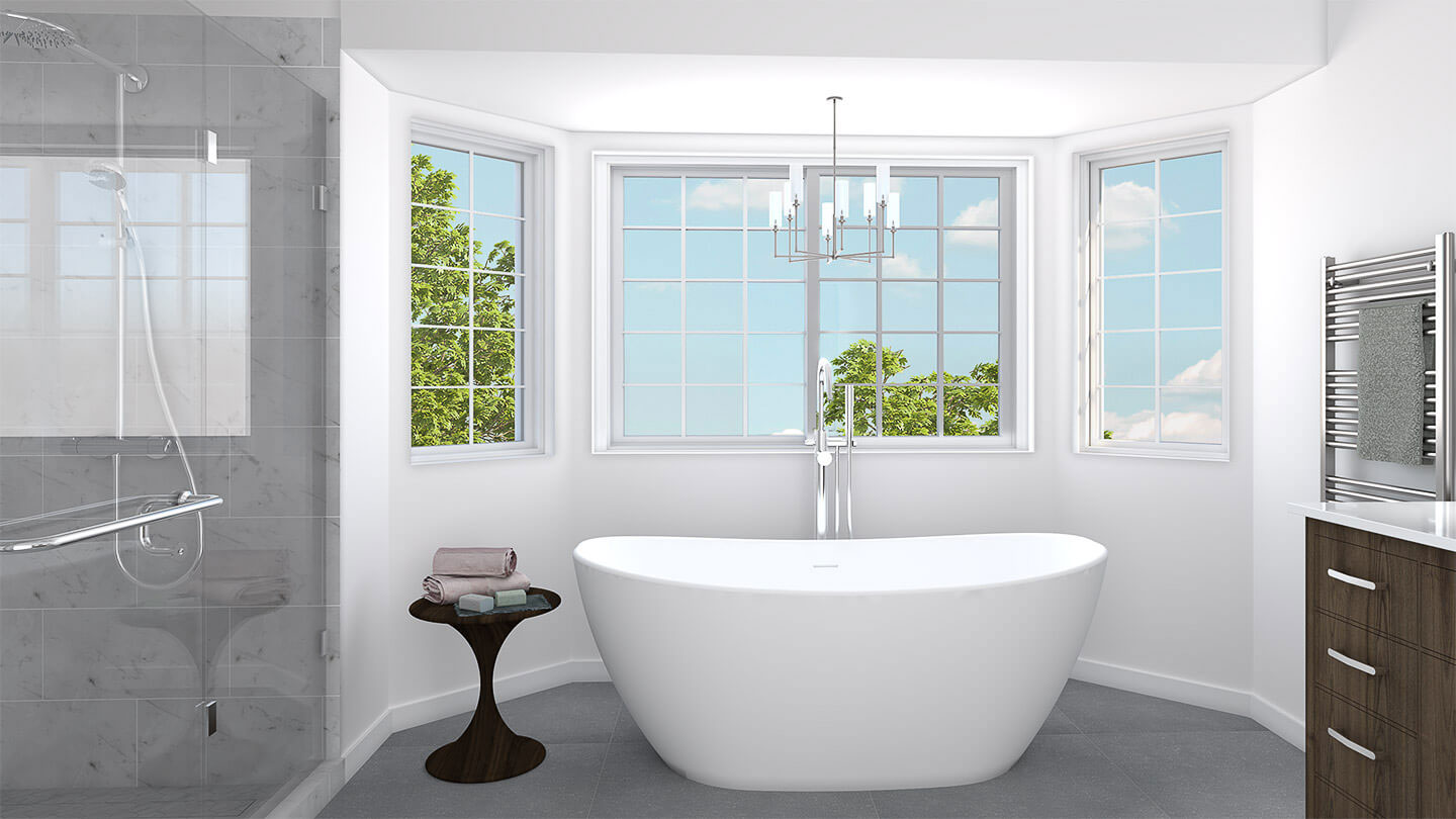 The image shows a modern bathroom interior with a freestanding bathtub, a large window allowing natural light, and a sink area visible in the background.