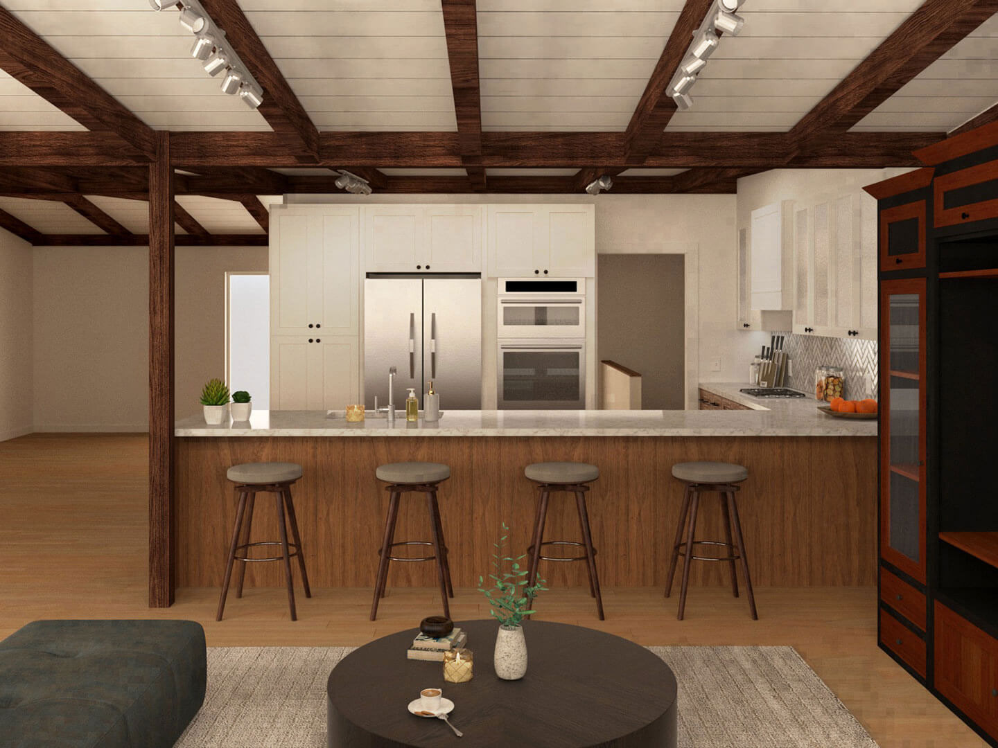 A modern kitchen with a wooden floor, white cabinets, stainless steel appliances, and an island countertop.