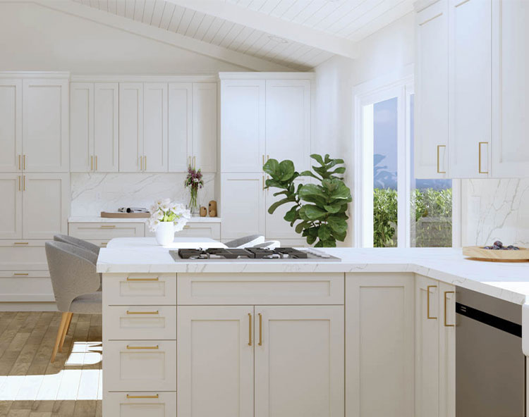 The image shows a modern kitchen interior with white cabinets, a marble-topped island, stainless steel appliances, a large window, and a potted plant on the countertop.