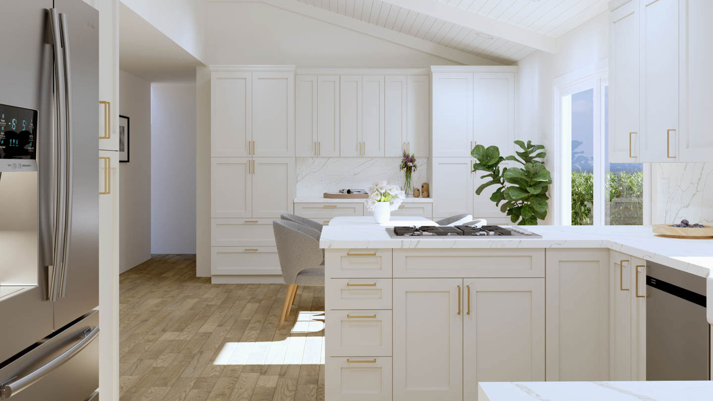 The image shows a modern kitchen interior with white cabinets, stainless steel appliances, a center island with a sink, and a view of a living room area with hardwood floors.