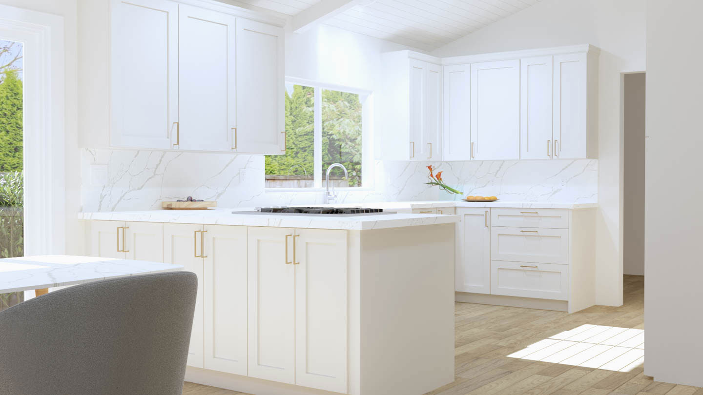 This is a photograph of an interior kitchen space with white cabinets, a modern island countertop, and appliances, set against a neutral color palette with natural light illuminating the room.