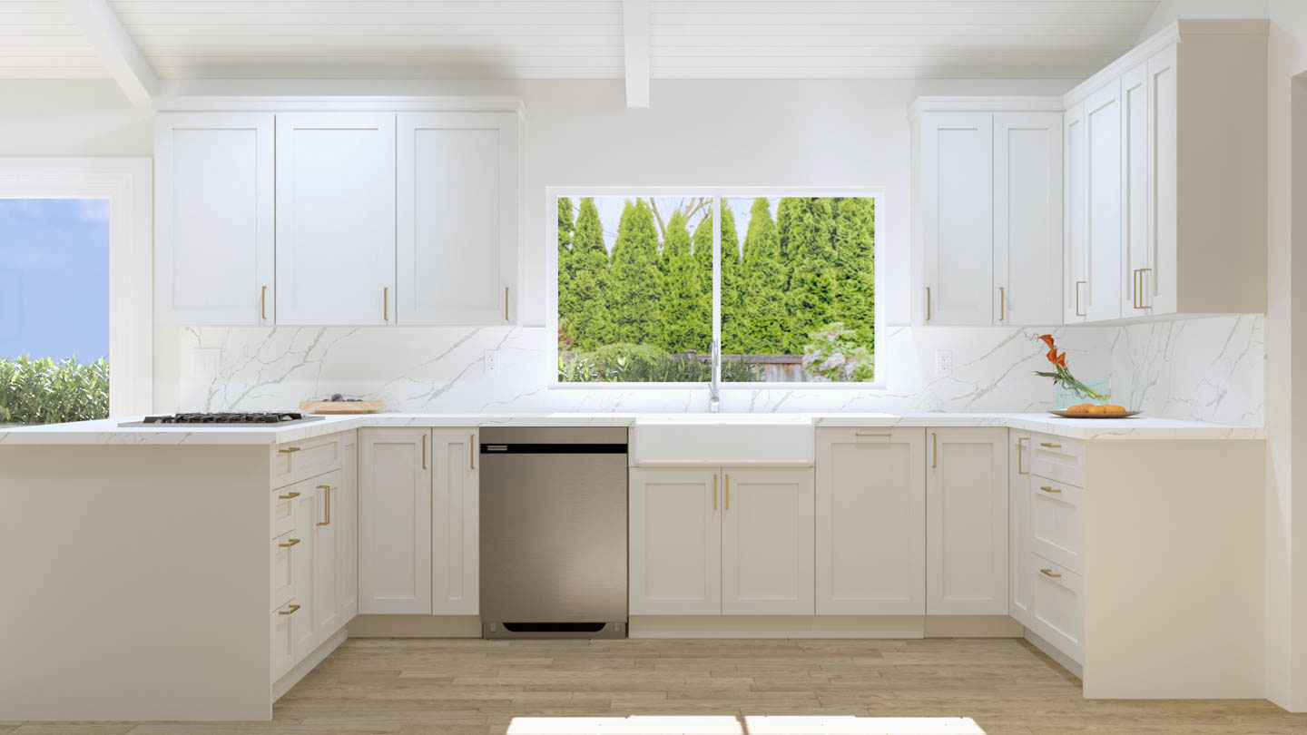 The image shows a modern kitchen interior with white cabinetry, stainless steel appliances, and a clean countertop.