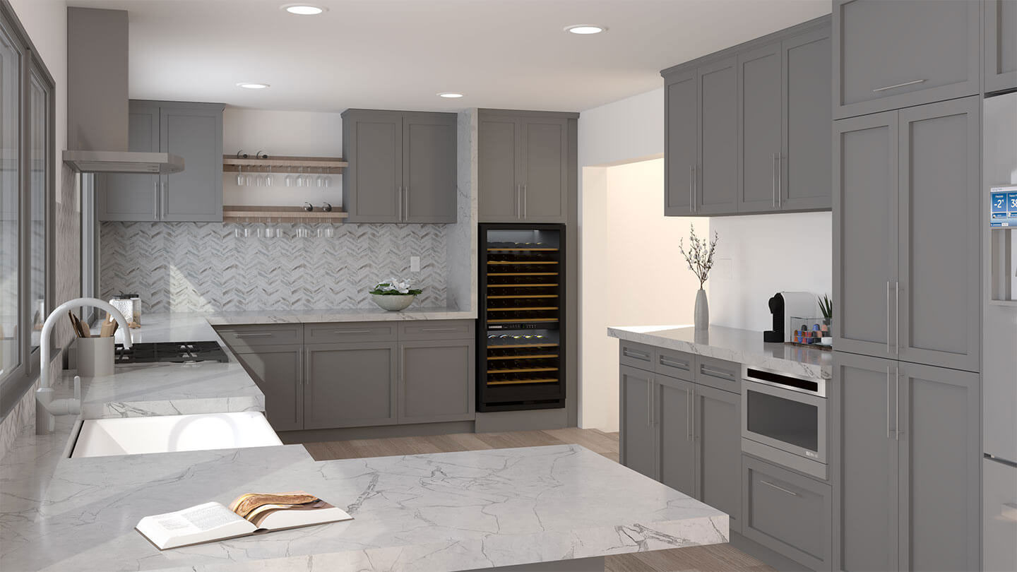 A modern kitchen with gray cabinets, stainless steel appliances, and a sleek design.