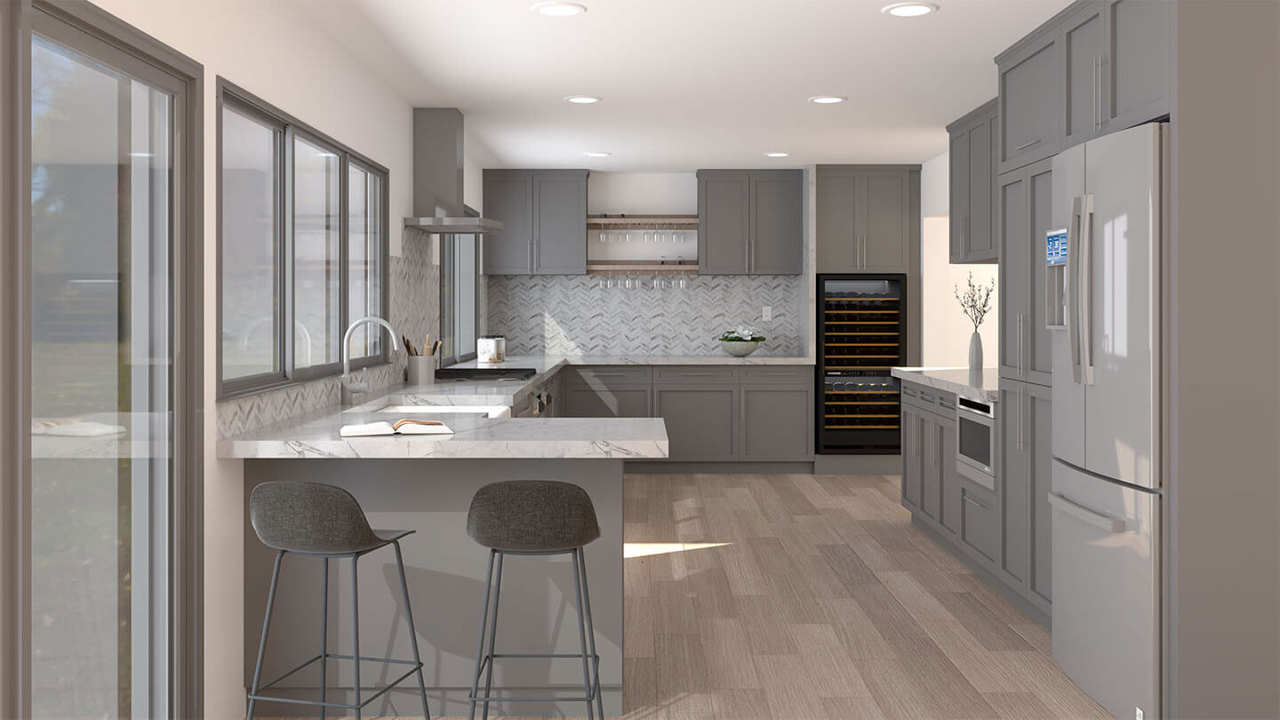 The image shows a modern kitchen interior with light-colored cabinets, stainless steel appliances, a center island with a stool, and a large window allowing natural light into the space.
