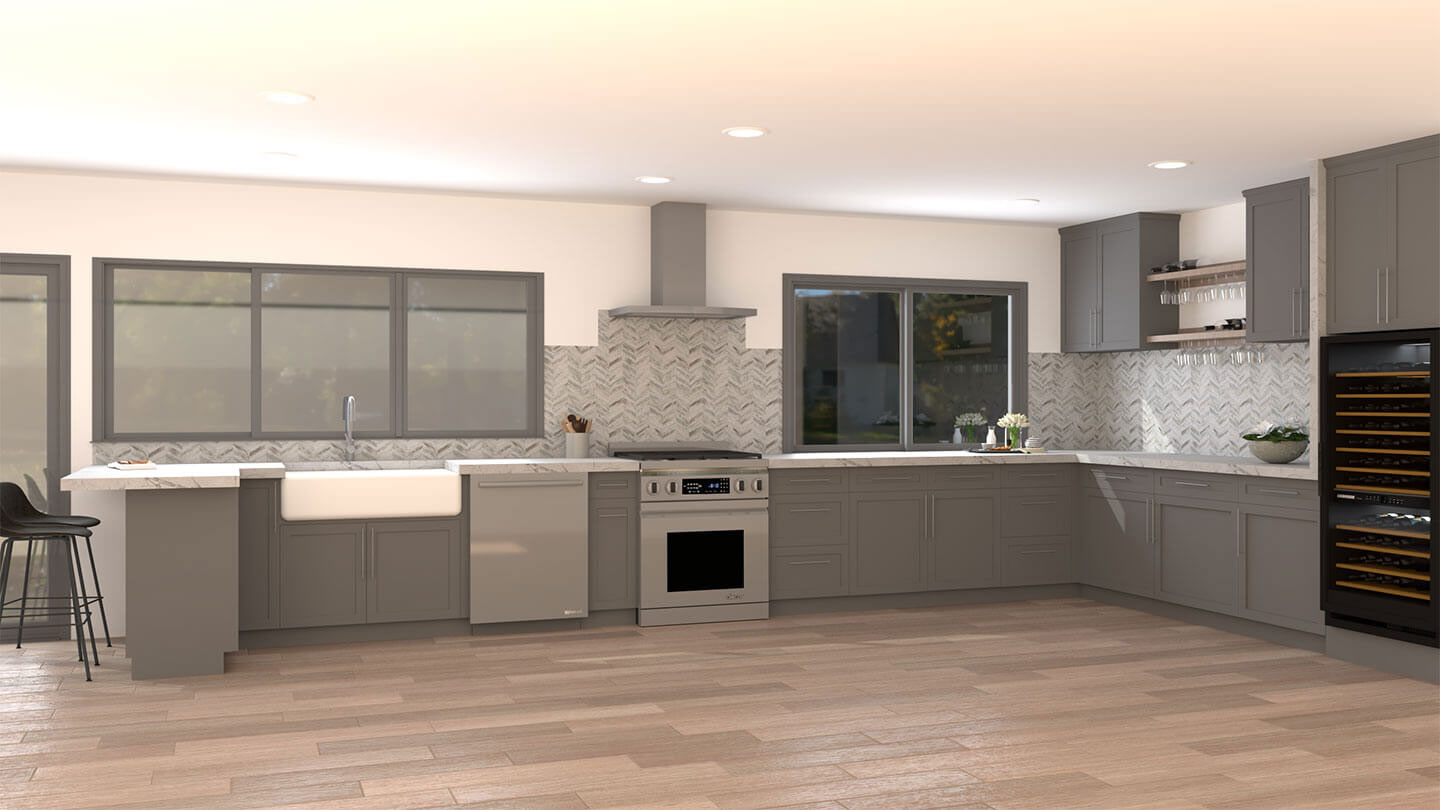 The image shows a modern kitchen interior with gray cabinets, stainless steel appliances, a marble countertop, and a large island with a sink.
