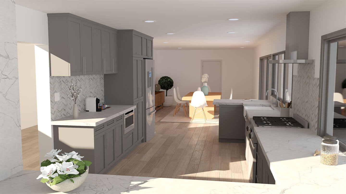 The image shows a modern kitchen interior with a sleek design, featuring gray cabinets, stainless steel appliances, a marble countertop, and a large island with a sink. A dining table is visible in the background, along with a living area that has a neutral color palette and contemporary furnishings.