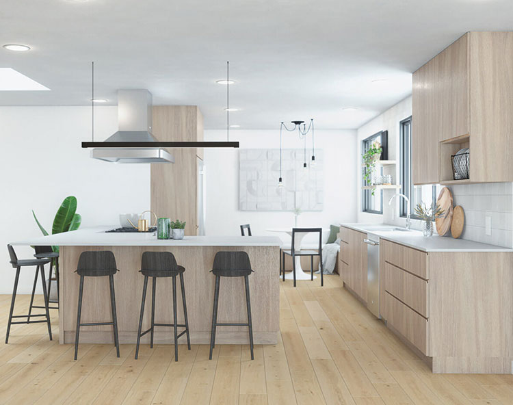 A modern kitchen interior with light wooden cabinets, a central island with bar stools, stainless steel appliances, and a contemporary design style.
