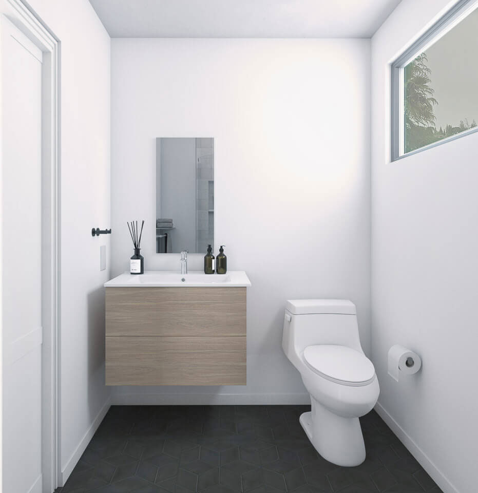 The image depicts a modern bathroom with a white toilet, sink, and tiled floor, featuring minimalist design elements such as a small vanity, mirror, and wooden cabinetry.