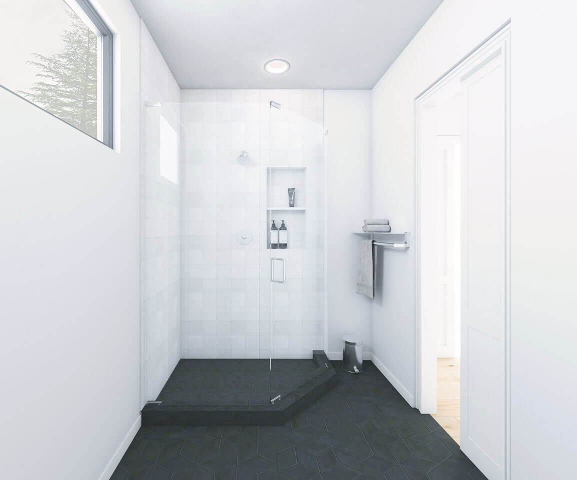 The image shows a modern bathroom interior with a shower stall featuring clear glass doors, a minimalist design aesthetic, and a focus on clean lines and neutral colors.