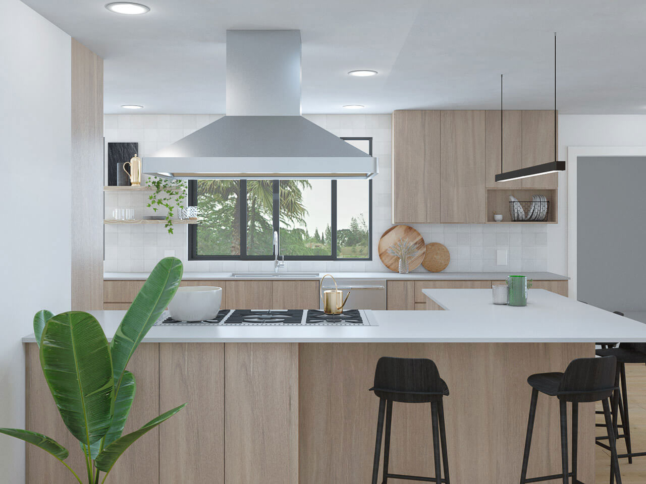 The image shows a modern kitchen interior with light wood cabinets, a white countertop, stainless steel appliances including a refrigerator, oven, and microwave, a central island with barstools, a metallic range hood, a large window allowing natural light to enter, and a contemporary style.