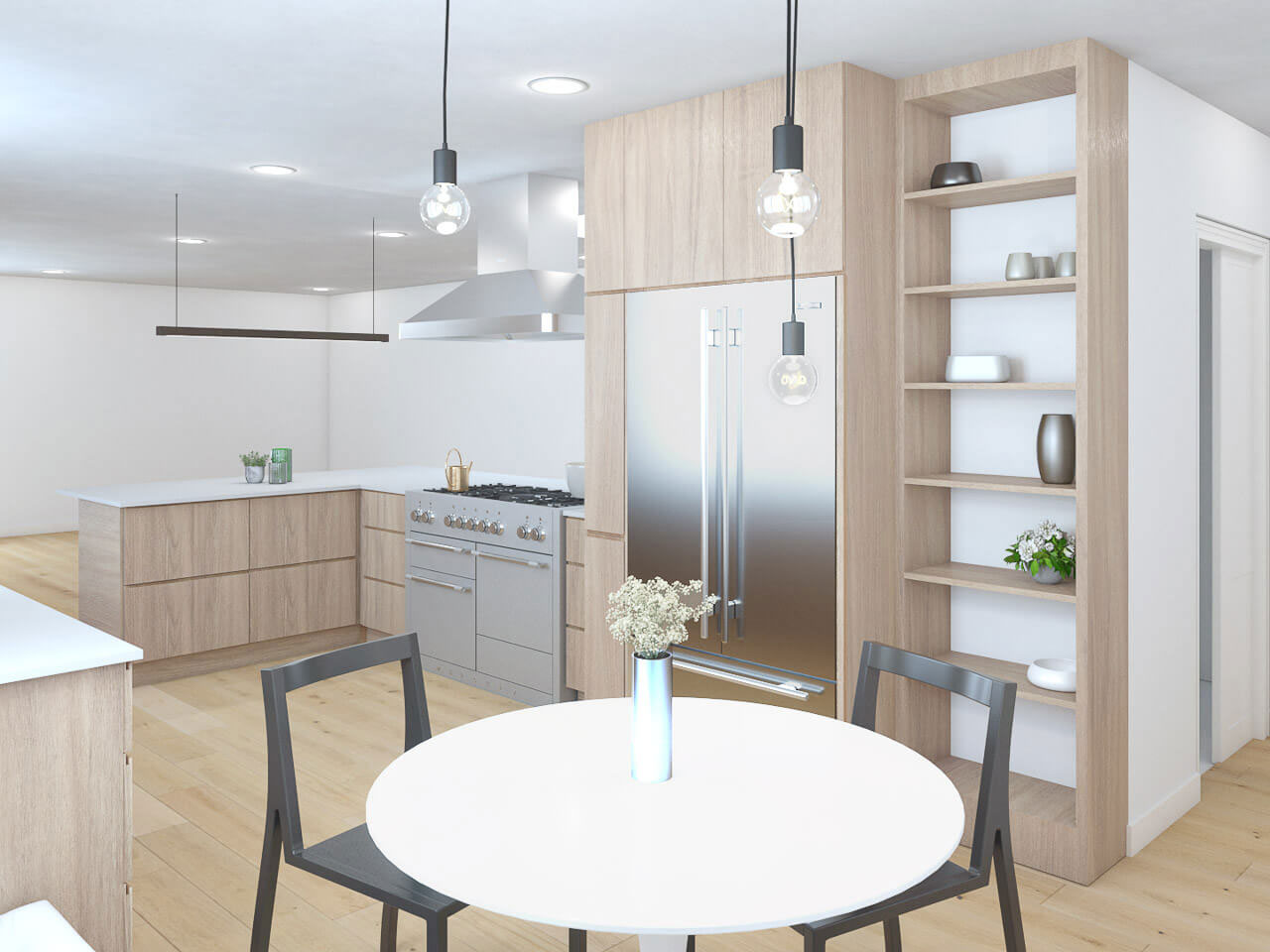 This is a photograph of an interior kitchen space with modern design elements, including light wood cabinetry, a stainless steel refrigerator, a white countertop, and a dining table with chairs. The kitchen features a central island with a cooktop, and there are pendant lights hanging above the island. The room has a neutral color palette with natural tones, and it is well-lit.