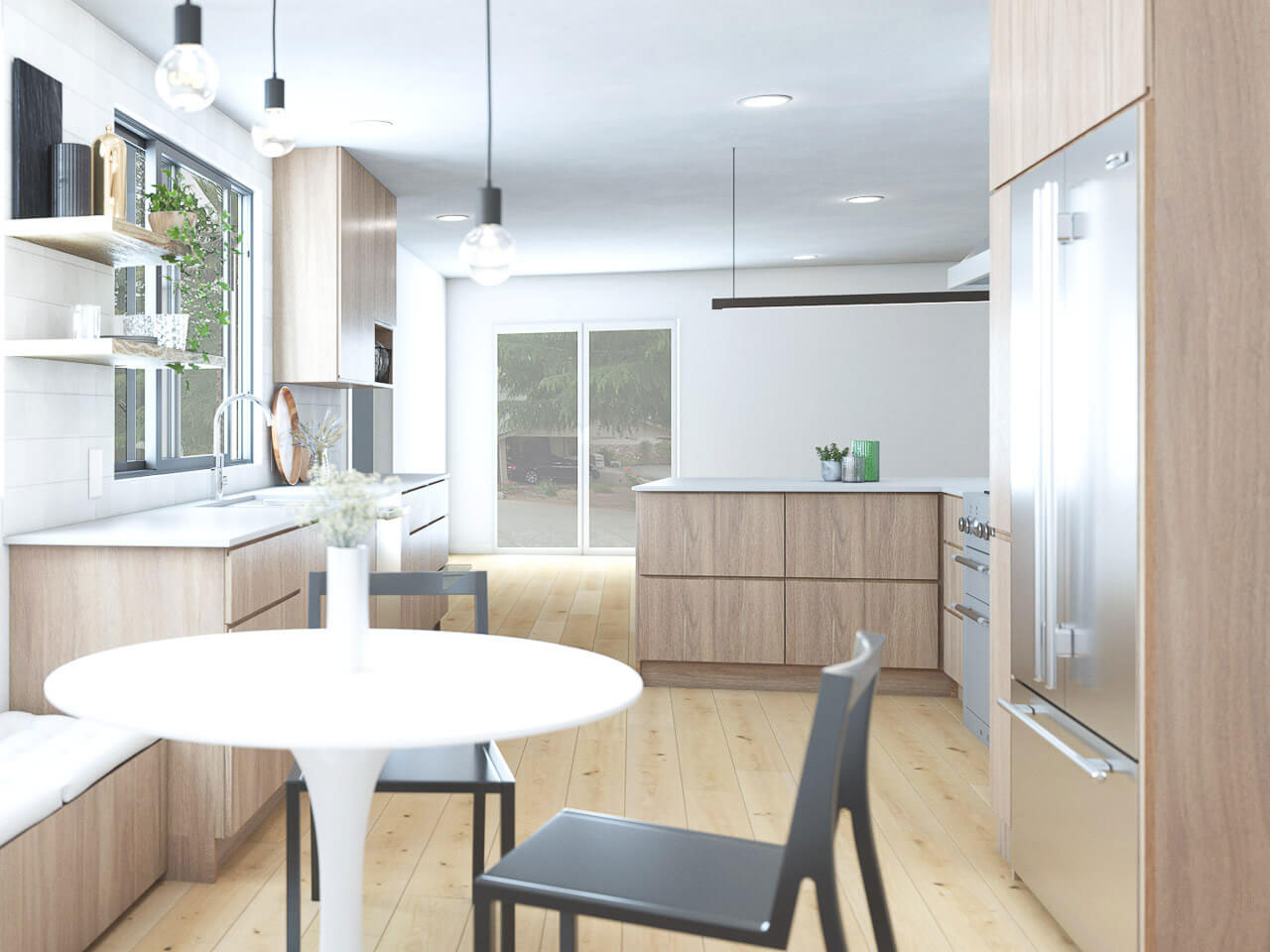 The image shows a modern kitchen interior with light wood cabinets, stainless steel appliances, a central island with bar stools, a white countertop, a dining table with chairs, and recessed lighting.