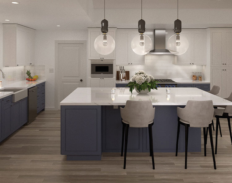 The image shows a modern kitchen interior with sleek cabinetry, an island countertop, stools, a sink, and various appliances, all presented in a clean and well-lit environment.