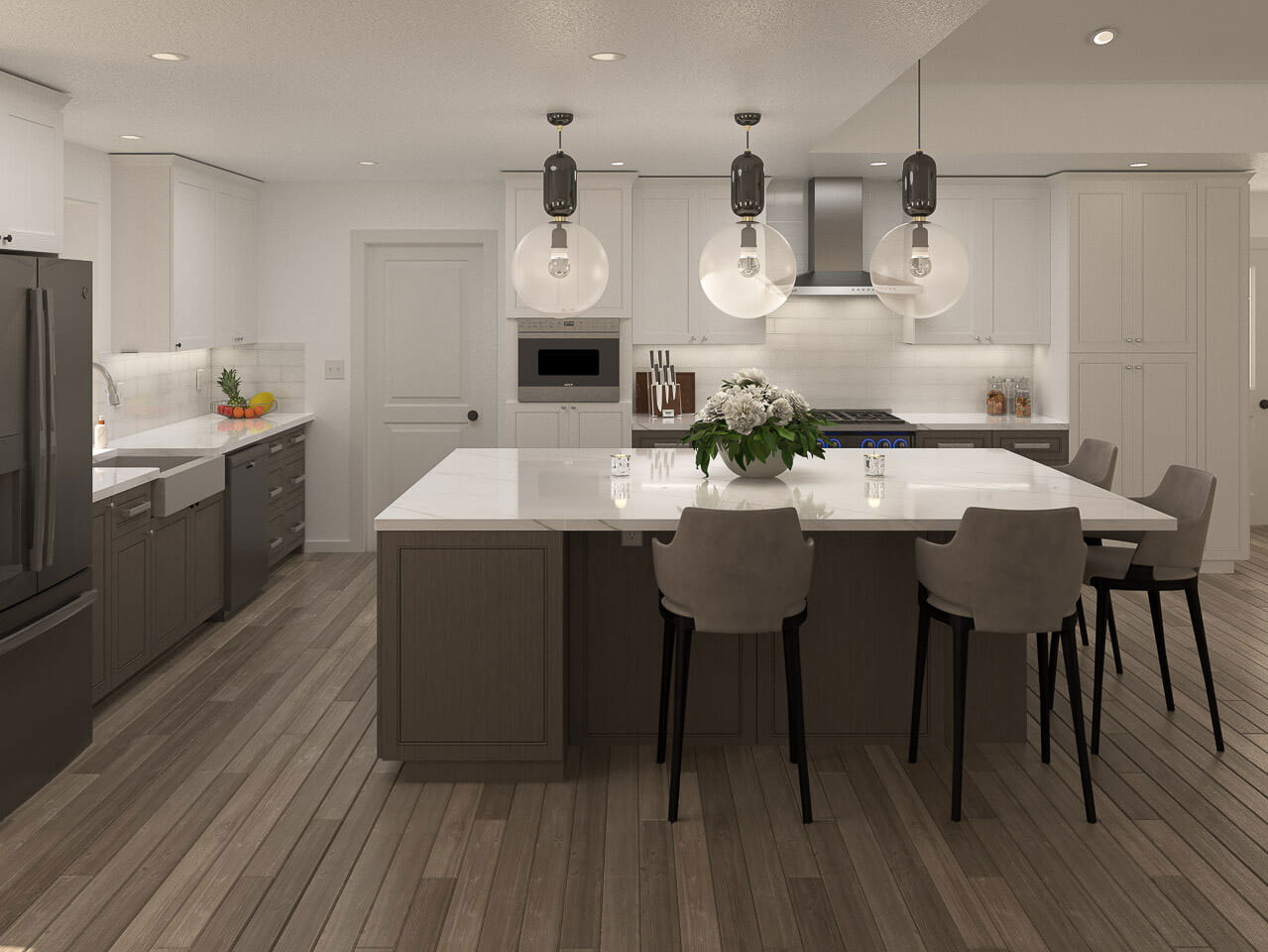 The image shows a modern kitchen with a sleek design featuring light wood flooring, white countertops, stainless steel appliances, and a central island with a bar stool seating. The space has a neutral color palette with gray cabinets, white walls, and recessed lighting.
