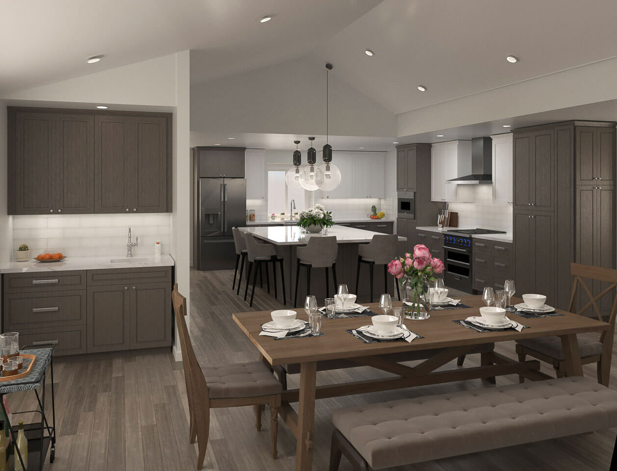 The image shows a modern kitchen interior with dark wood cabinets, stainless steel appliances, white countertops, a center island with bar stools, a dining table set for four with chairs, pendant lighting, and a contemporary design aesthetic.