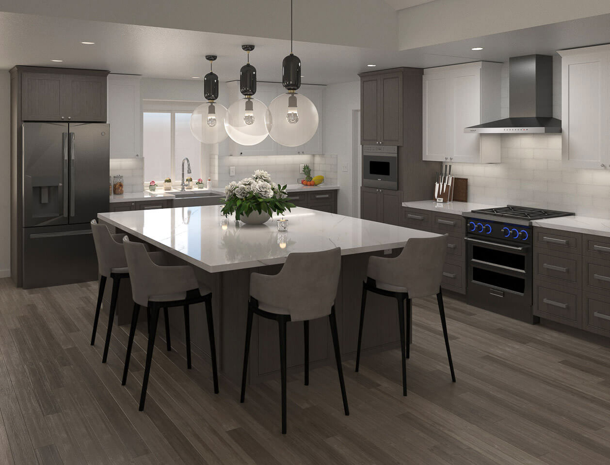 Modern kitchen with a center island, grey cabinets, white countertops, hanging pendant lights, and a sleek design.