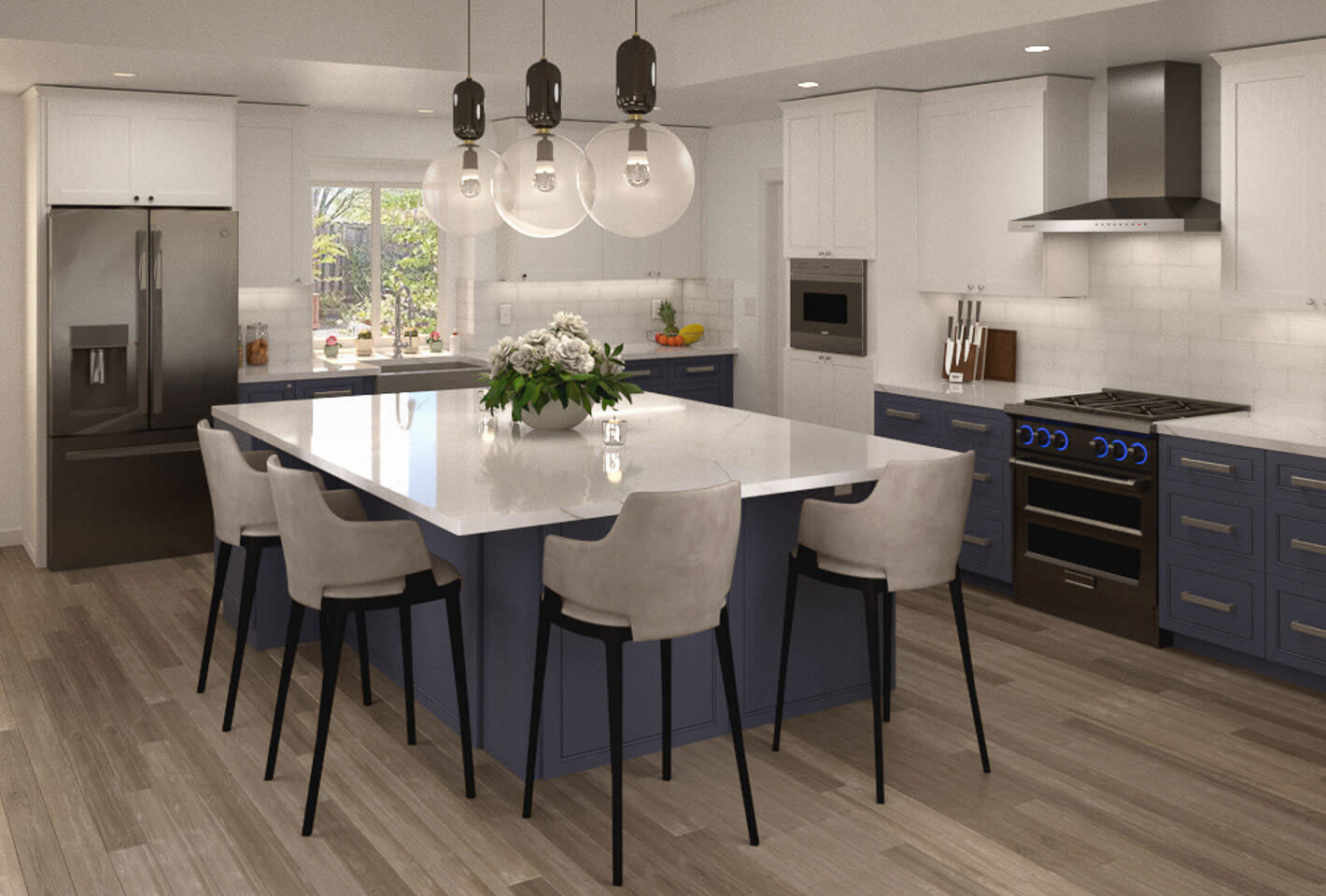 The image shows a modern kitchen interior with a large island at the center, featuring a polished countertop, stools, and a backsplash. The kitchen has blue cabinets, stainless steel appliances, and a sleek design with contemporary fixtures.