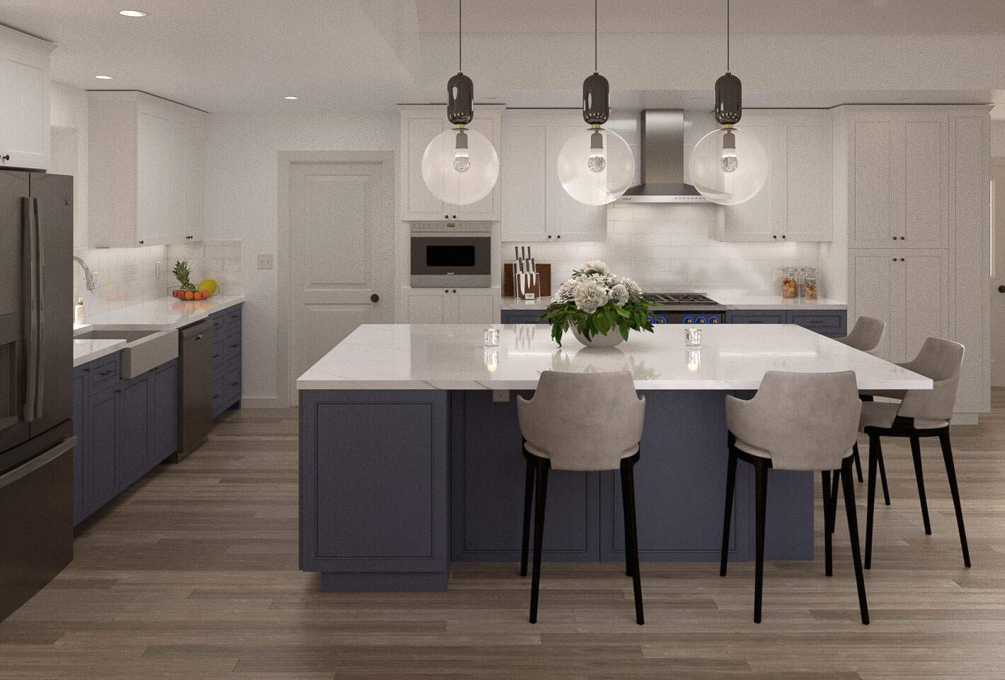 The image depicts a modern kitchen interior with a center island, gray cabinetry, white countertops, stainless steel appliances, and a contemporary design aesthetic.