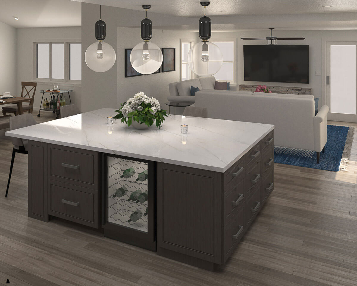 The image shows a modern kitchen interior with a central island featuring a marble countertop, under-mounted sink, and glass cabinet doors. Above the island hang three pendant lights, and the kitchen has light wood flooring and white walls.
