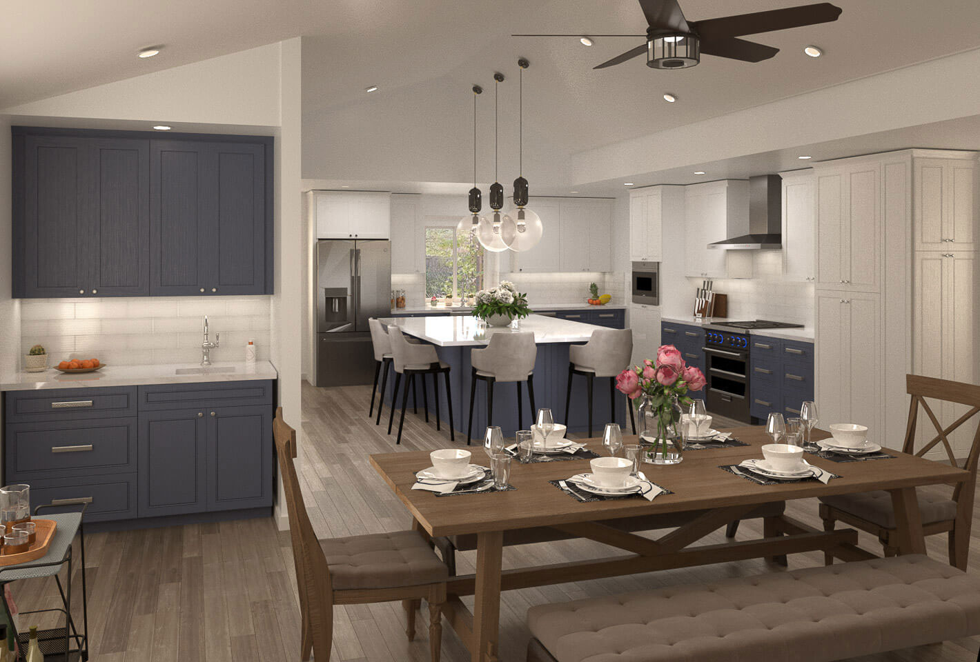 The image shows a modern kitchen interior with dark cabinets, light countertops, stainless steel appliances, a center island with bar stools, a dining table set for four, and an open floor plan leading to a living room area.