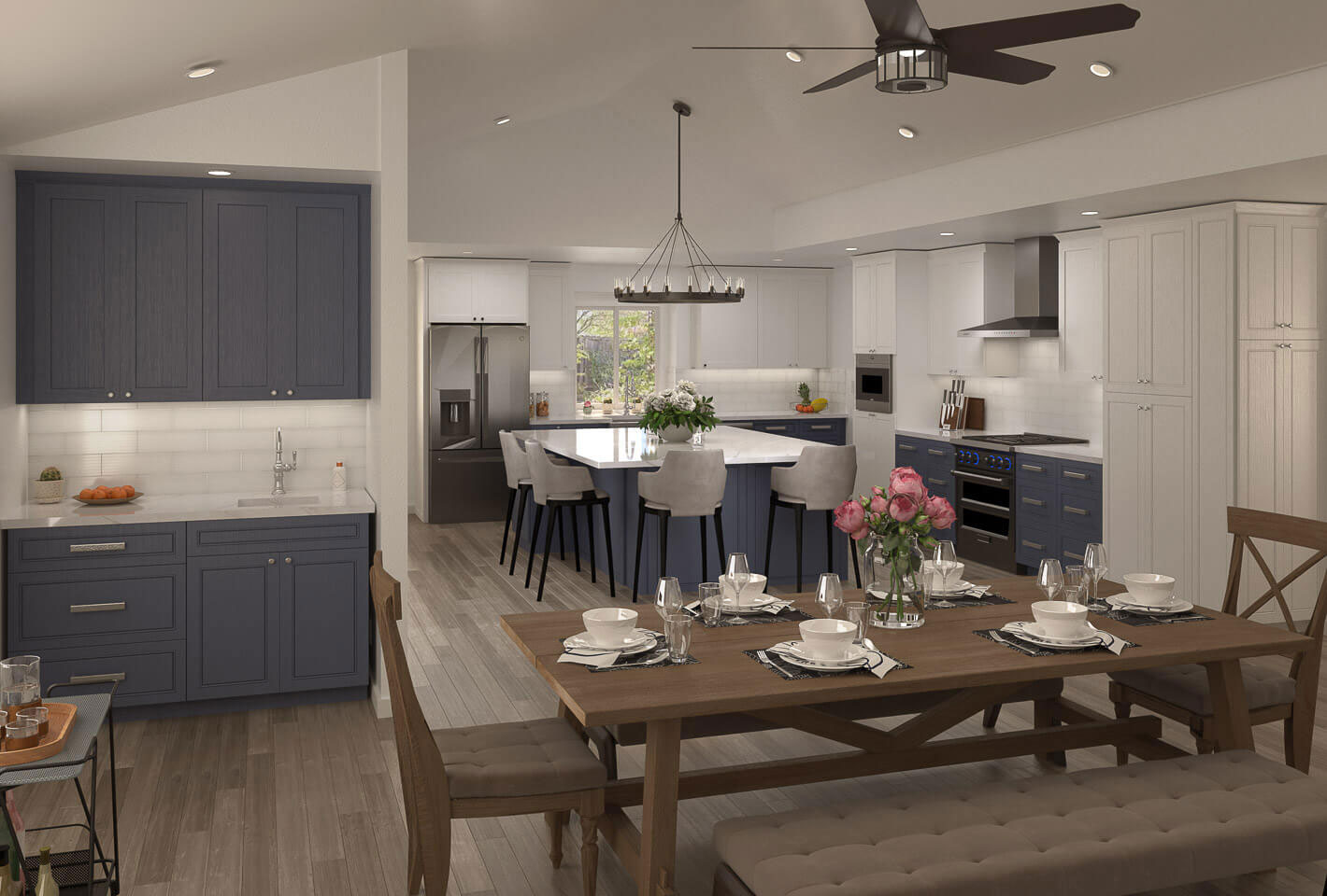 The image shows a modern kitchen interior with dark wood flooring, white walls, gray cabinets, stainless steel appliances, and a center island with a sink. The space features a dining table set for four with chairs, and there s an open layout leading to a living area with a sofa and a coffee table.