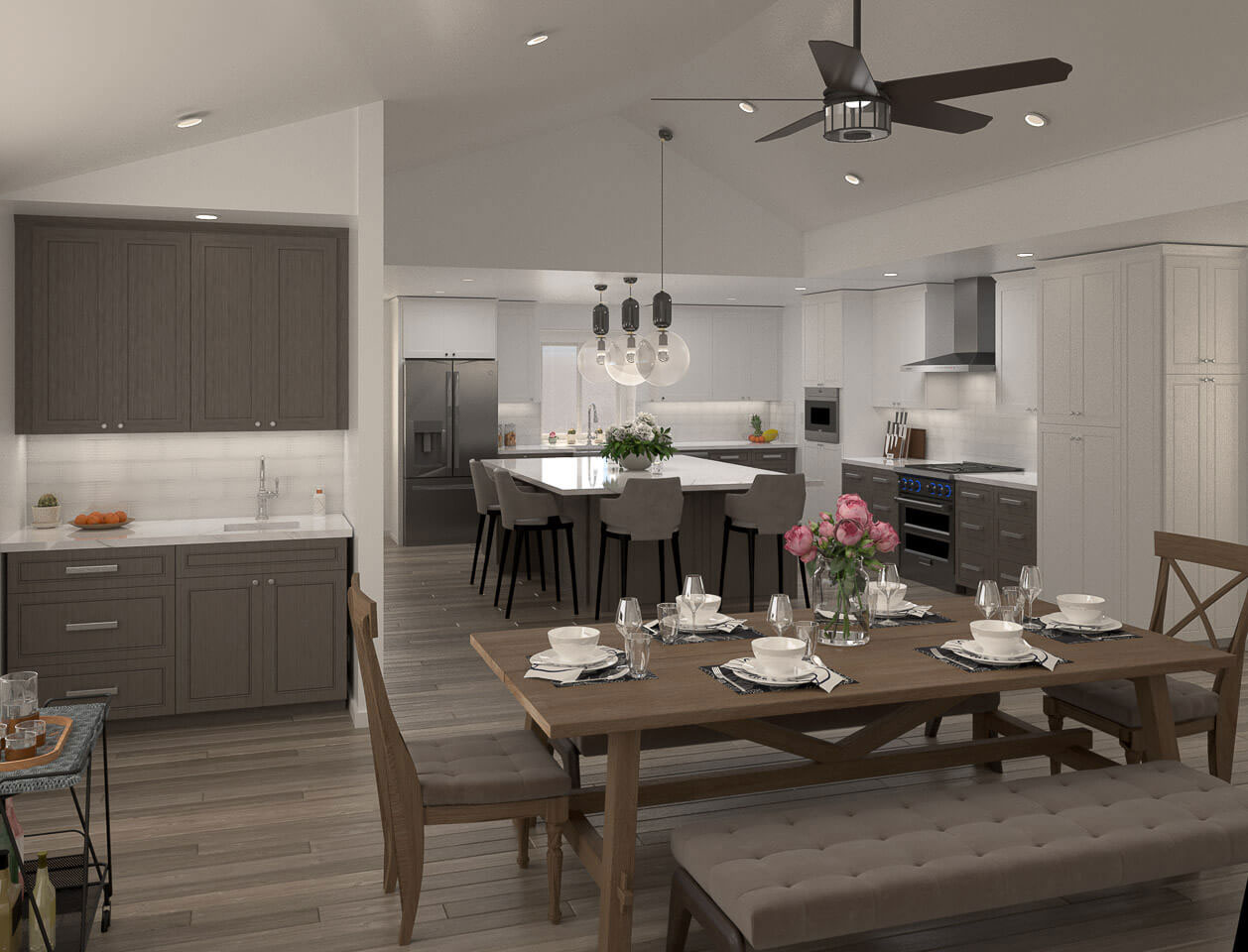 The image shows a modern kitchen and dining area with a contemporary design featuring dark cabinets, light countertops, stainless steel appliances, a center island, wood flooring, pendant lighting, and a neutral color palette.