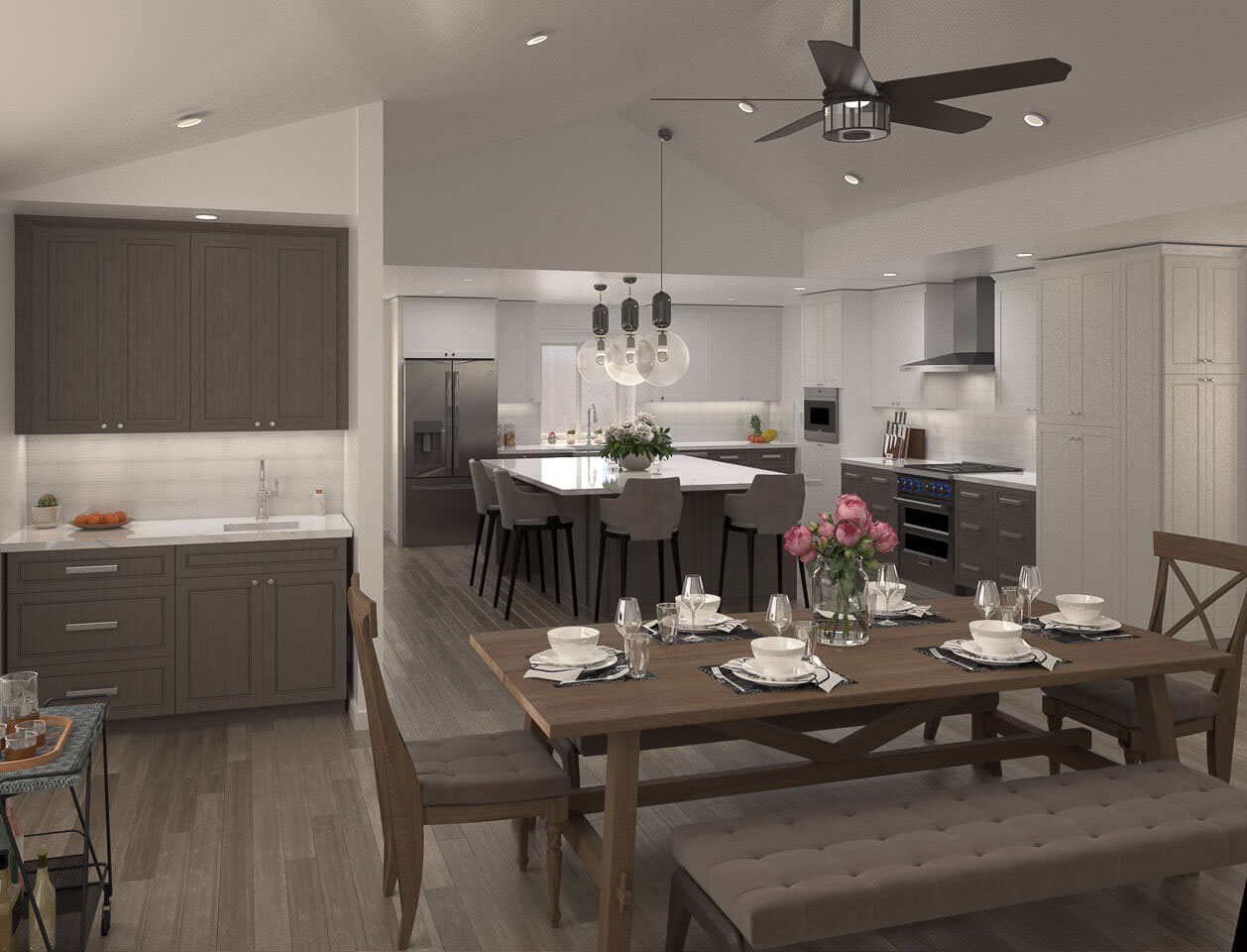 The image depicts a modern kitchen with an open floor plan leading into a dining area, featuring contemporary cabinetry, stainless steel appliances, a center island with bar stools, and a large dining table set for four with chairs.