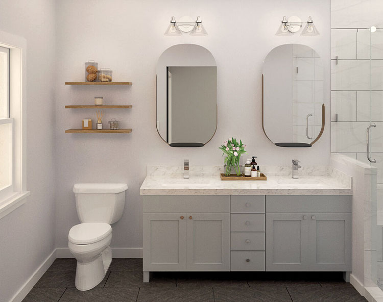 The image shows a modern bathroom with a double sink vanity, a toilet, a shower stall, and a mirror above the sinks.